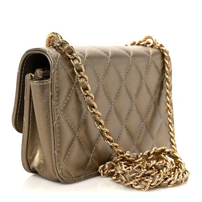 Metallic Lambskin Quilted Dynasty Flap Phone Holder With Chain Gold
