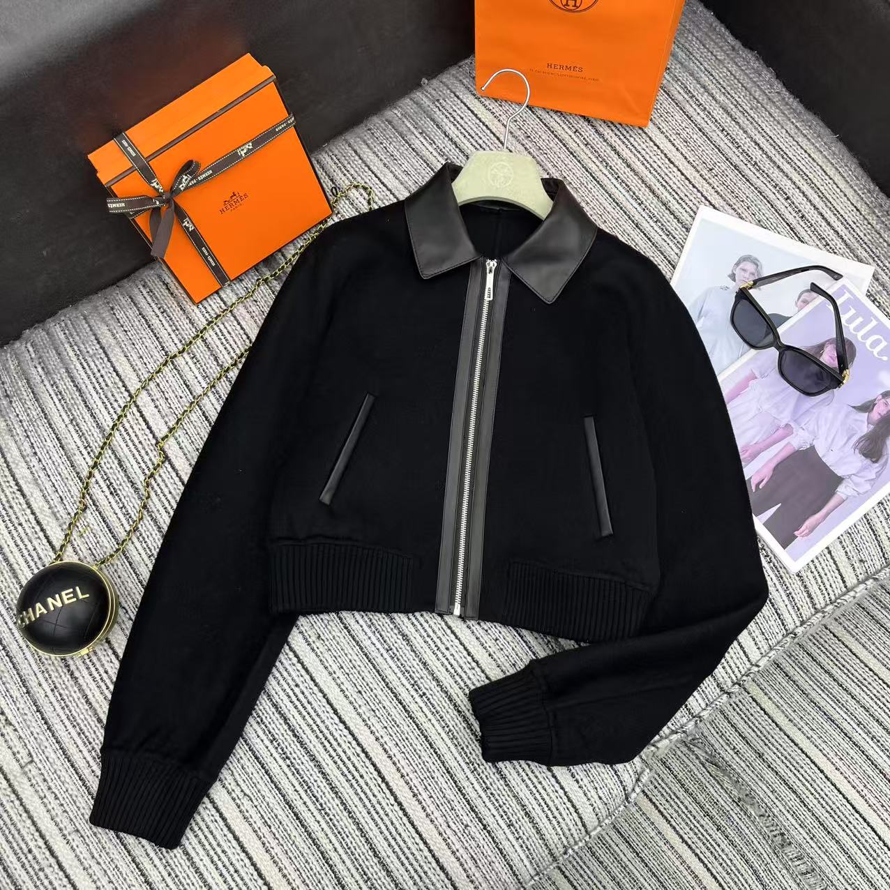 HM Patchwork Leather Lapel Double-faced Black Cashmere Jacket