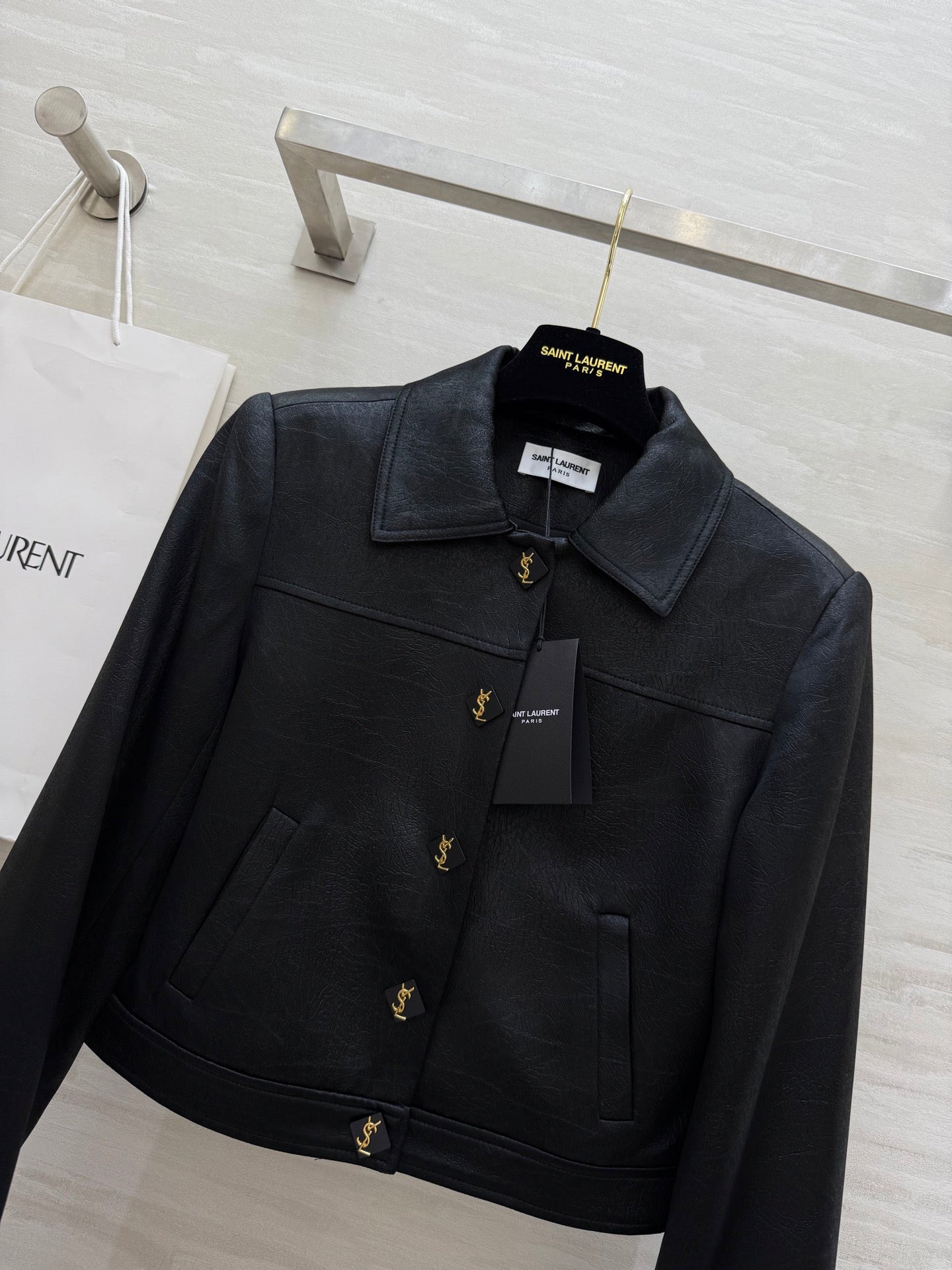 YSL 25 Short Jacket Black Acetic Acid Cracked Fabric
