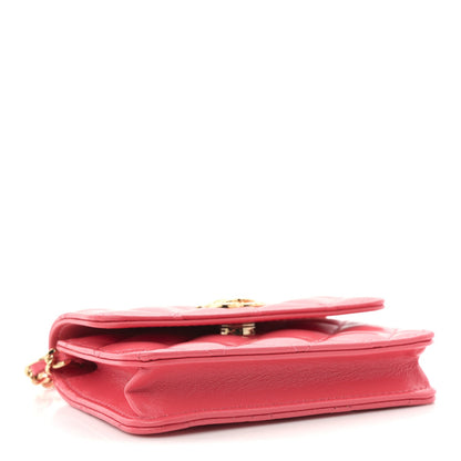 Shiny Lambskin Quilted Card Holder On Chain Pink