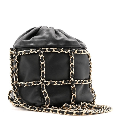 Lambskin Bucket Chain Drawstring Bag Black