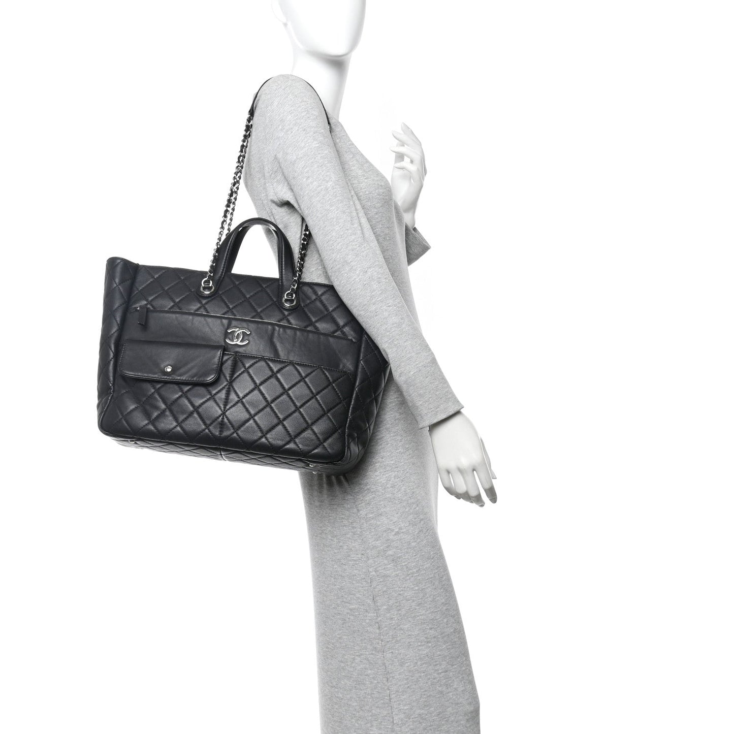 Calfskin Quilted Ultra Pocket Shopping Tote Black