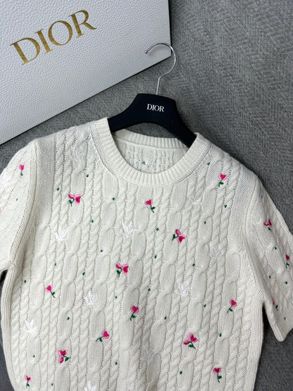 CD Short-Sleeved Sweater Small Floral Embroidery Ivory Wool 349483