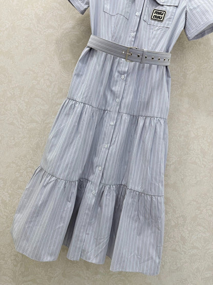 Miumiu 2026 Short-Sleeved Waist-Length Dress with Lapel Collar Blue Cotton 353015
