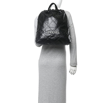 Shiny Calfskin Quilted Chanel 22 Backpack Black