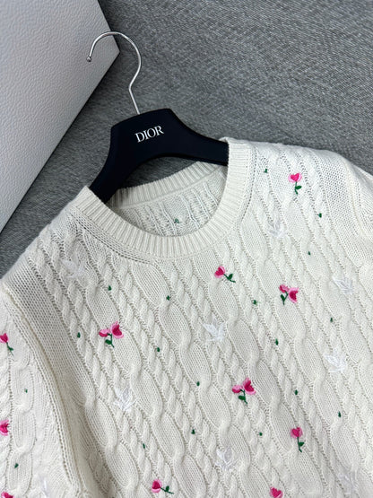 CD Short-Sleeved Sweater Small Floral Embroidery Ivory Wool 349483