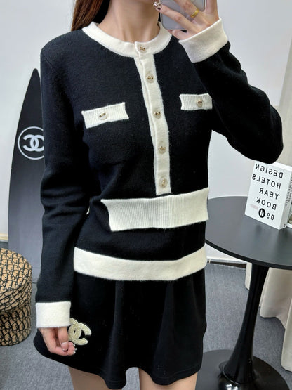 CC 25F Round-Neck Knitted Long-Sleeved Cardigan Black Wool