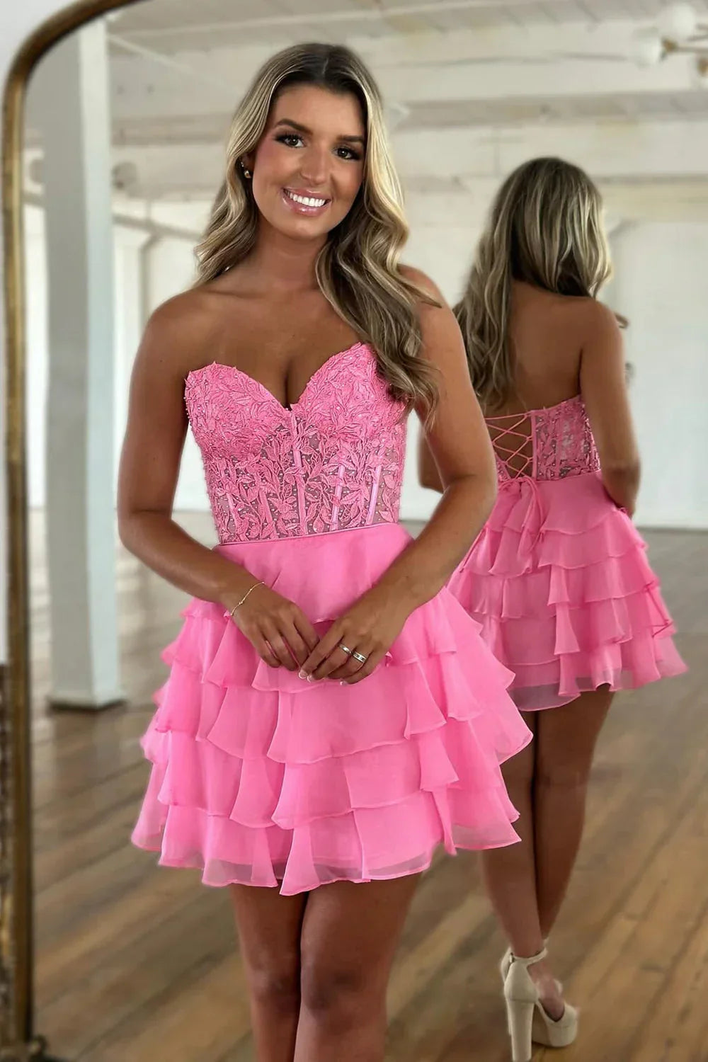 Strapless Blue Sheer Corset A-Line Ruffle Homecoming Dress