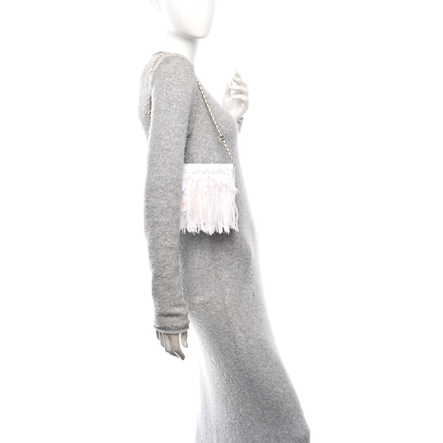 Tweed Embroidered Feathers Pearl Crystal Clutch White
