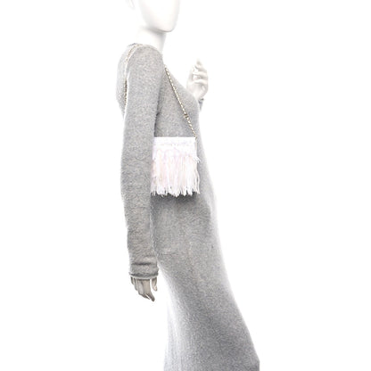 Tweed Embroidered Feathers Pearl Crystal Clutch White
