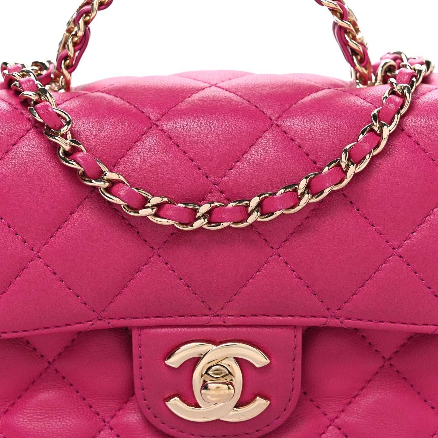 Lambskin Quilted Mini Crystal Top Handle Rectangular Flap Dark Pink
