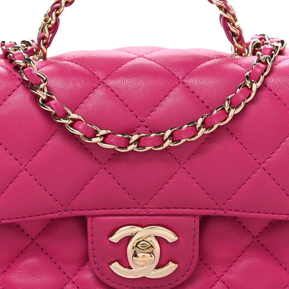 Lambskin Quilted Mini Crystal Top Handle Rectangular Flap Dark Pink
