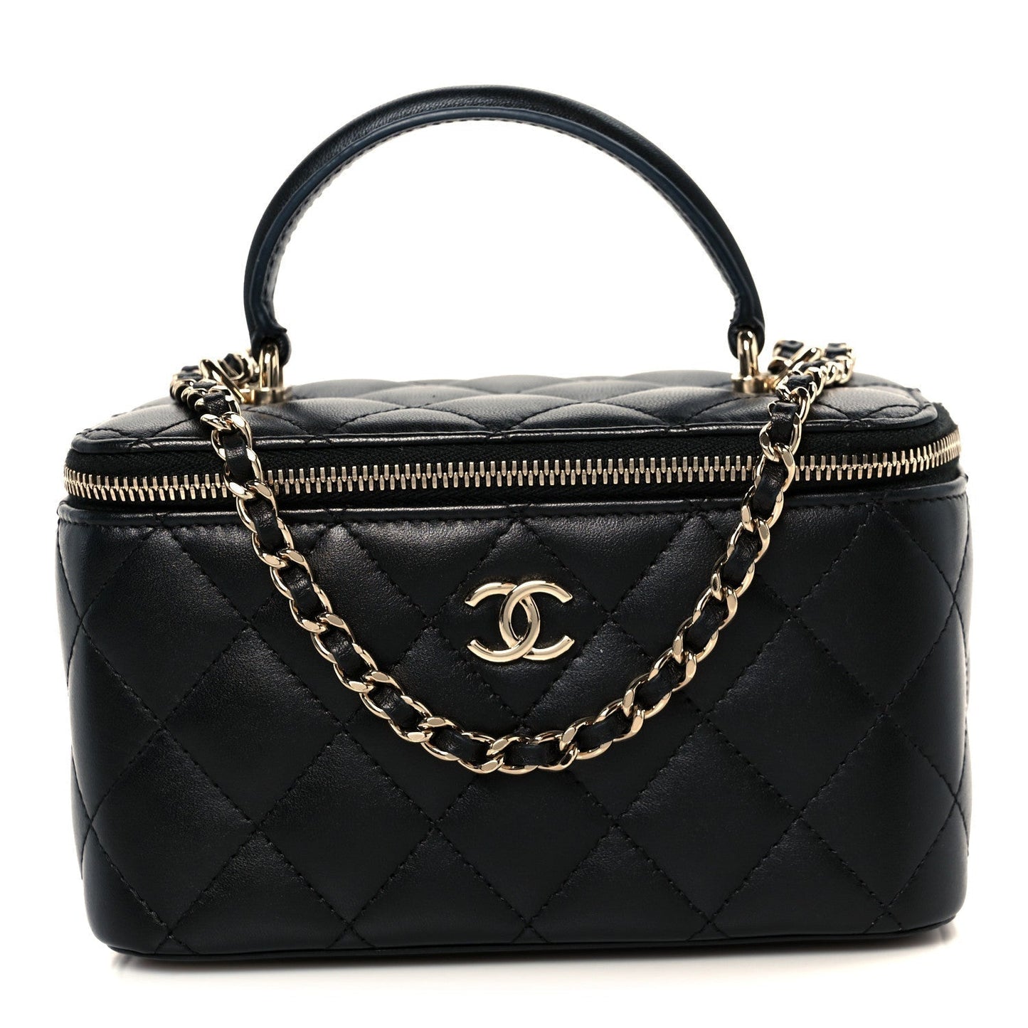 Lambskin Quilted Small Top Handle Vanity Case With Chain Black