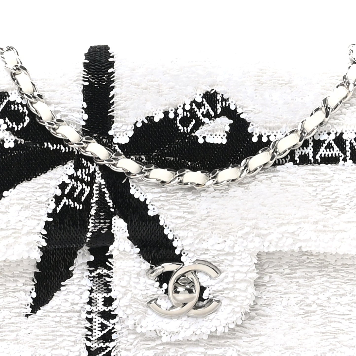 Sequin Ribbon Mini Rectangular Flap White Black
