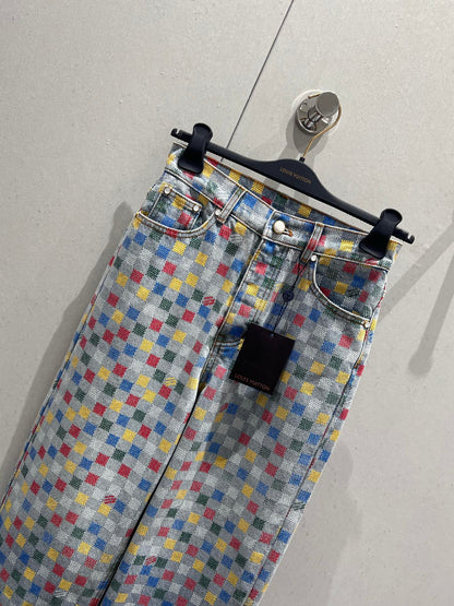 LV Plaid Multicolor Denim Jeans Blue Cotton