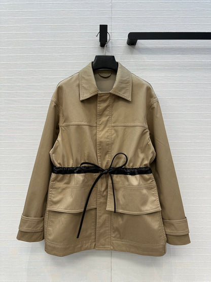 BV Shirt Jacket Leather Bound Belt in Brown Cotton
