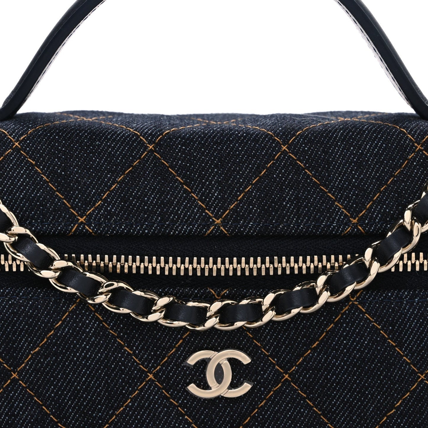 Denim Quilted Top Handle Slim Vanity Case With Chain Blue Orange