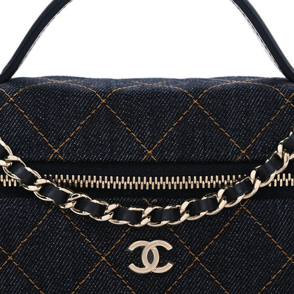 Denim Quilted Top Handle Slim Vanity Case With Chain Blue Orange
