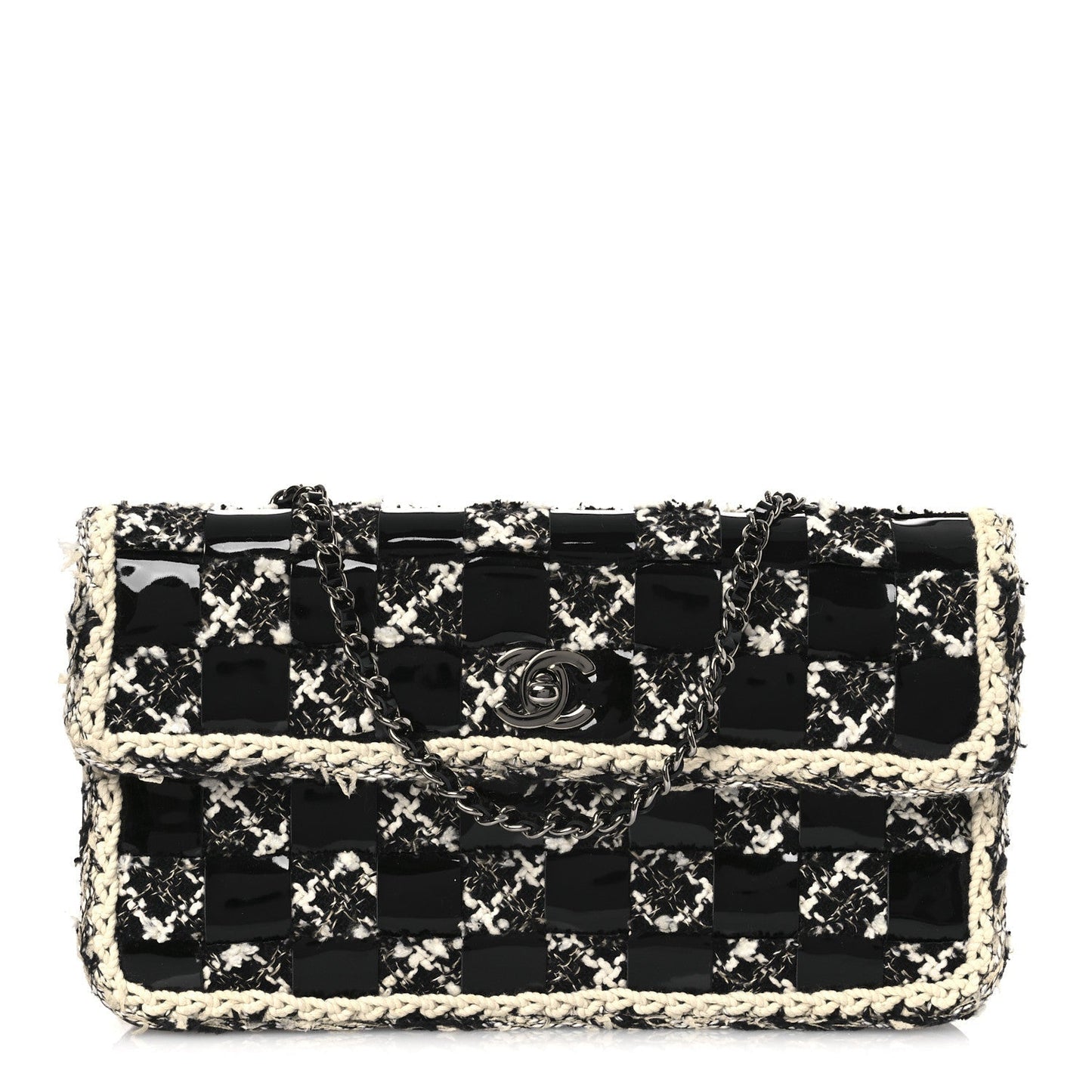 Tweed Patent Quilted Rectangular Flap Black White