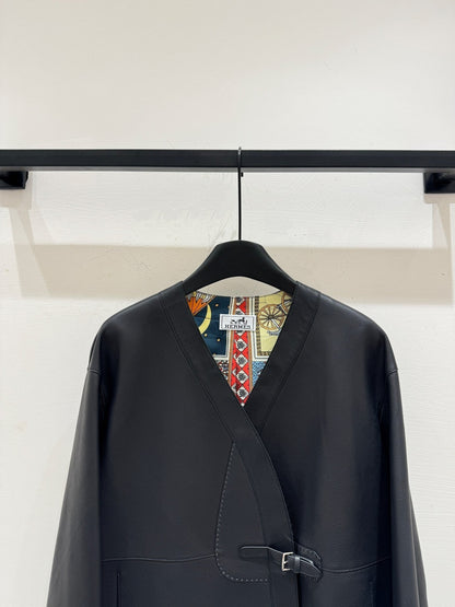HM Leather Button V-Neck Blazer Black Lambskin 303970