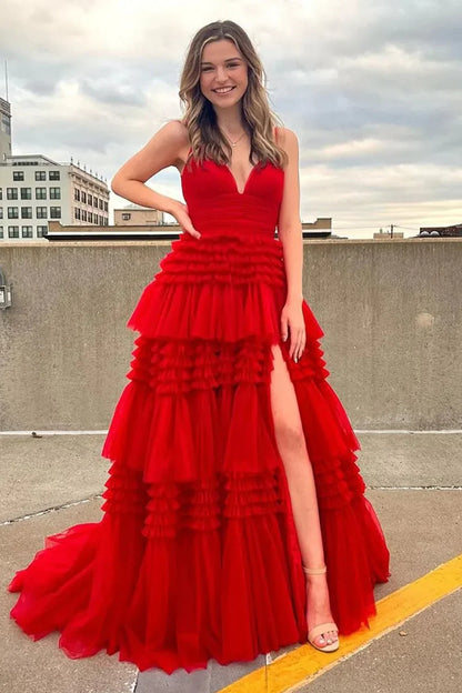 V-Neck Spaghetti Straps Empire With Side Slit Tulle A-Line Prom Dress