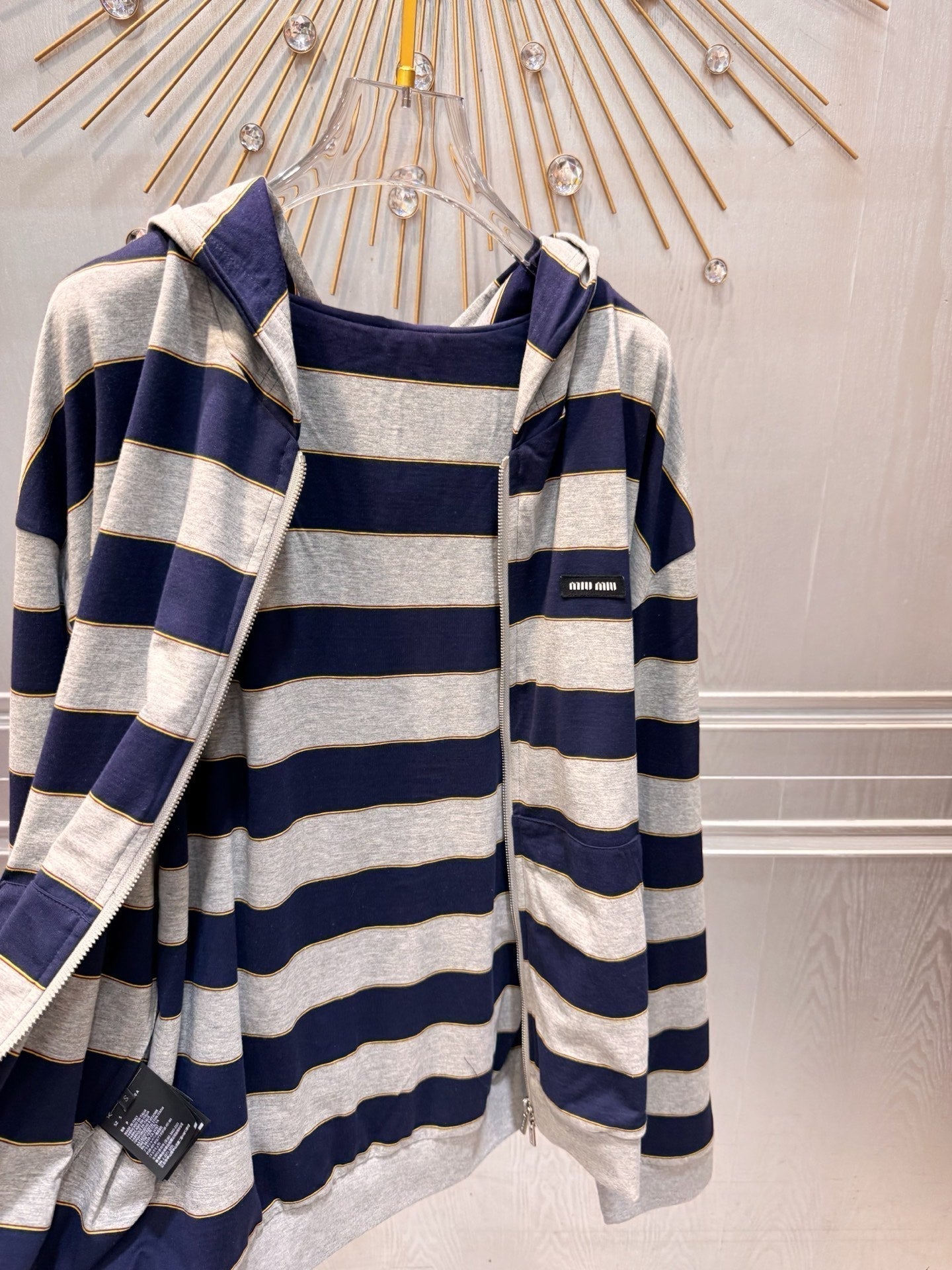 Miumiu 2026 Striped Hoodie Grey mix Blue Cotton