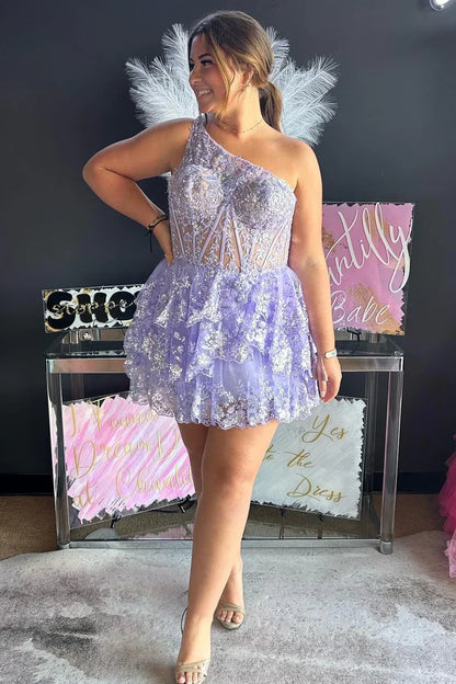 Dark Navy One Shoulder Appliques Multi-Layers Tulle Homecoming Dress