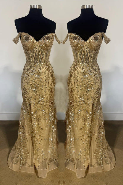 Gold Off-Shoulder Sequined Floral Mermaid Long Prom Dress with Slit