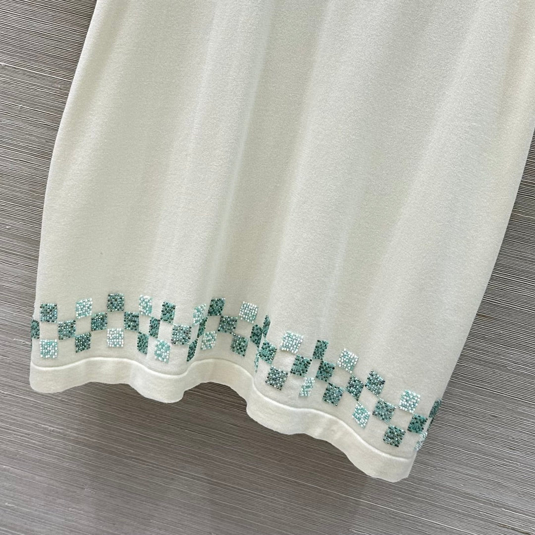 LV 25 Plaid Beading Embroidered Letters Casual T-Shirt White Beige Cotton