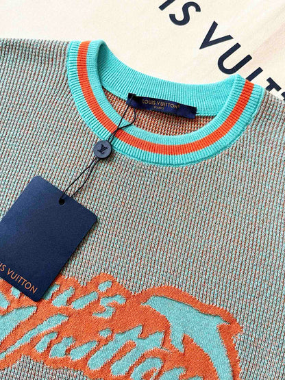 LV 25 Dolphin Jacquard Short Sleeve Shirt Blue Sweater Knit