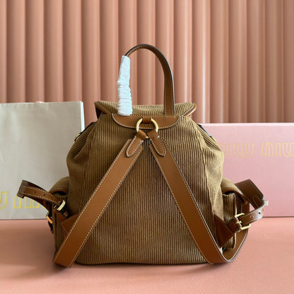 Miu Corduroy Backpack Brown Suede 273210