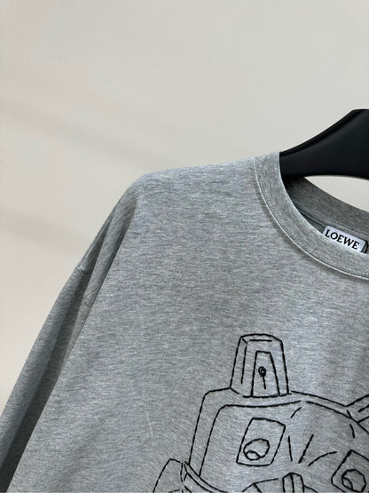 Loewe 2025 Cat-Themed Crew Neck Long-Sleeve T-Shirt Gray Cotton 327180