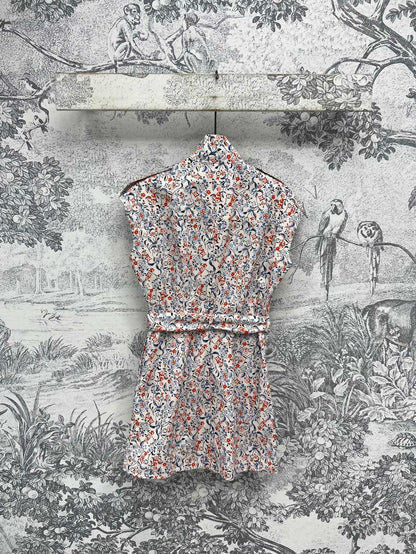 LV 25 Floral Print Stand-up Collar Sleeveless Dress Multicolor Poliester