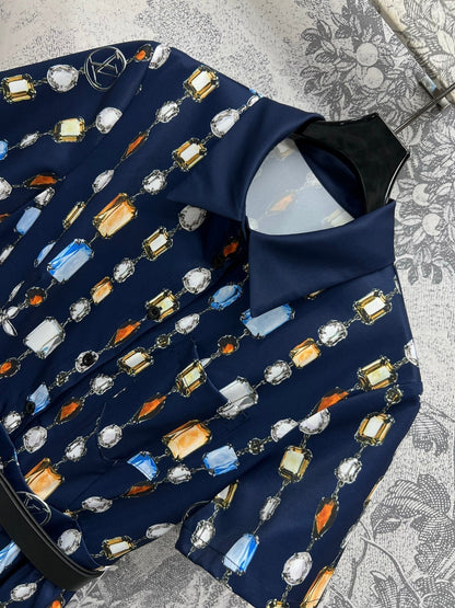 LV 25 Printed Round Neck Lining Pleated Dress White BLue Poliester