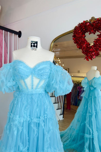 Sky Blue Ruffled Puff Sleeves A-line Long Prom Dress