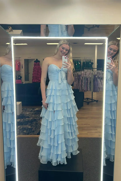 Chiffon A-Line Sweetheart Strapless Tiered Formal Party Dress