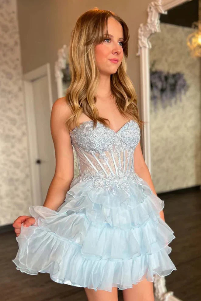 Tulle A-Line Sweetheart Strapless Appliques Sheer Homecoming Dress