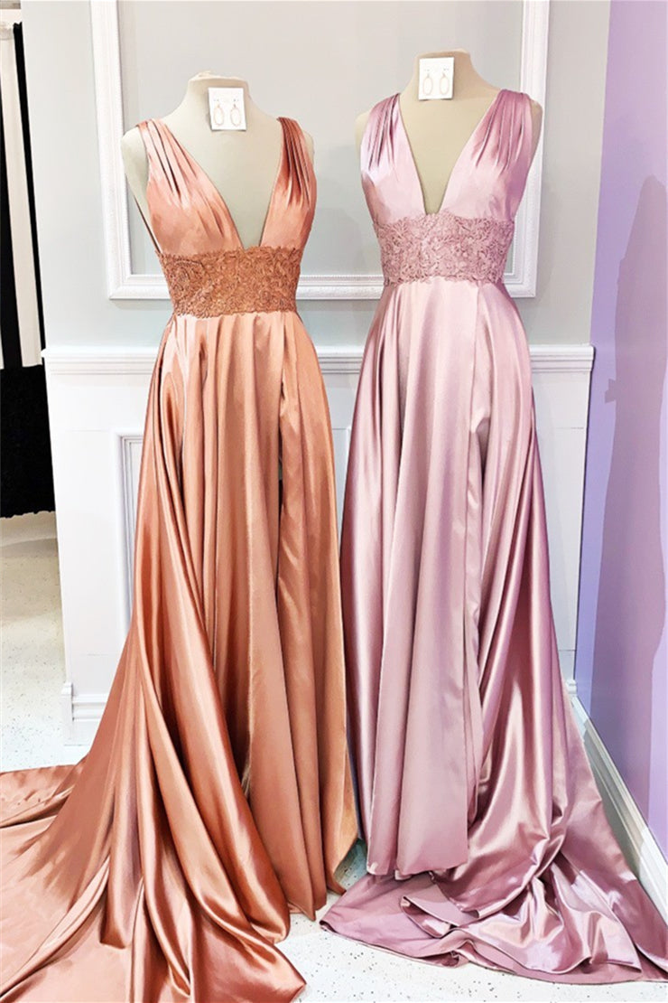 Dusty Pink Floral V Neck A-line Satin Long Prom Dress