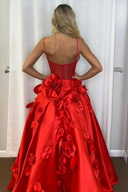 Sheer Empire Sleeveless Satin A-Line Floral Prom Dress