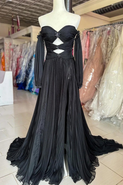 A-Line Sweetheart Sleeves Empire Prom Dress With Slit