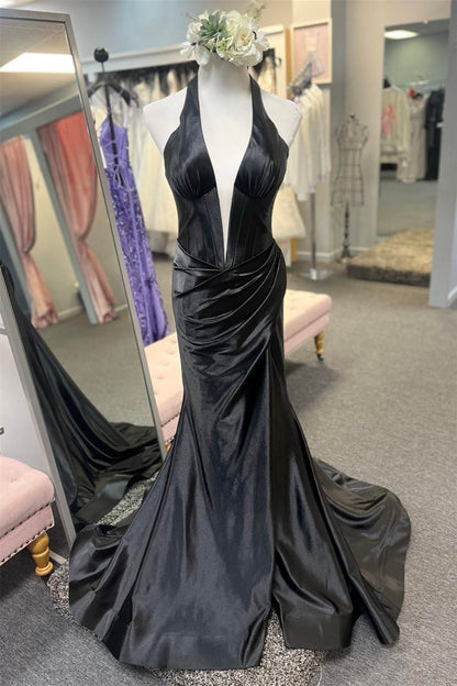 Dusty Pink Plunging V Halter Mermaid Long Prom Dress